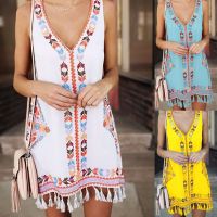 COD DSFGRDGHHHHH Women Fashion Summer Bohemia Tassel Casual Print Sleeveless Beach Mini Dress