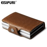 EISIPURI Men Genuine Leather double Metal Credit Card Holder Aluminium RFID Blocking Wallet Hasp Mini Vintage Wallet Hold  Cards Card Holders