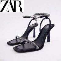 【High-quality】Spain ZARAˉ New Black Shiny One Piece Velvet High Heel Sandals