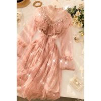 Autumn Womens Wear French Style Chiffon Printed Dress fashion Long Sleeves Slim Over knee gauze Lace Dress