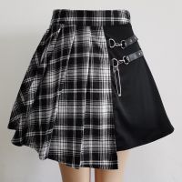 {Summer skirt} น่ารักแนวกอทิกสำหรับผู้หญิงกระโปรงจีบแฟชั่นลายสก็อตเอวสูงมินิสุดชิคผู้หญิงลำลองฤดูร้อน