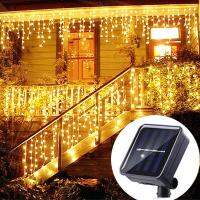 Solar Icicle Lamp Fairy String Eaves Decoration, 16 Drops Outdoor Curtain Wedding Party Halloween Stair Decoration