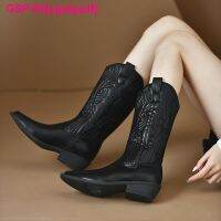 Agafgadf Botas ช่วงกลางน่องพารามัลเฮอร์ Saltos Quadrados Couro PU Dedo Apontado Vaqueira Bordado Retro Ocidentais Preto 41