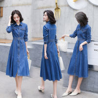 Tycoon DENIM DRESS 2022 ฤดูใบไม้ผลิใหม่แฟชั่นเกาหลีเอวแขนยาวเดรสยีนส์อารมณ์สบายๆ