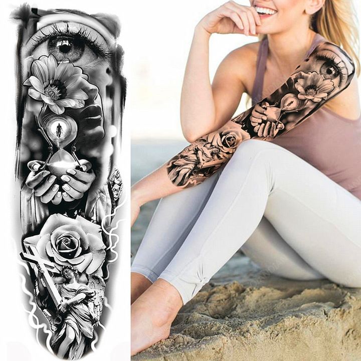 full-arm-temporary-tattoo-lady-gun-eye-flower-tiger-lion-skull-eagle-women-body-leg-waterproof-sticker-cool-man-totem-sleeve