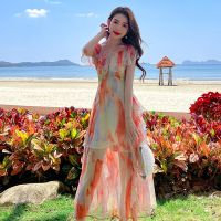 French tie-dye chiffon skirt received super fairy seaside on irregular waist a word shoulder dress dress