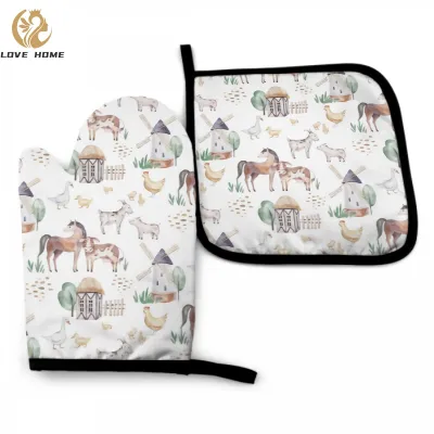 Farm Animals Oven Mitt and Pot holder Set Heat Resistant Non Slip Kitchen Gloves with Inner Cotton Layer for Cooking BBQ Baking