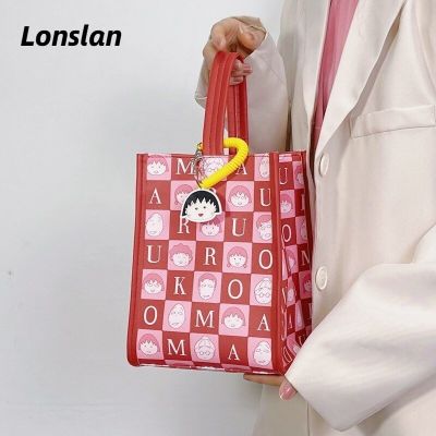 Lonslan Cherry Maruko กระเป๋าแบบเดียวกันกระเป๋าถือเครื่องประดับการ์ตูนน่ารักกระเป๋าถังสำหรับตั้งแคมป์ปิกนิก