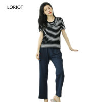 LORIOT ชุดนอนลายทางของผู้หญิง,ชุดนอนแบบปรับได้ Pyjamas กาเกงนอน Loungewear แขนสั้นกางเกงขายาวเซ็กซี่ลำลอง SA1469เกาหลี