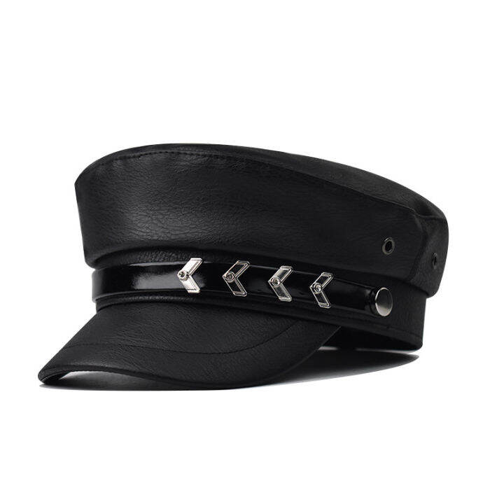 nightclub-ladies-hats-high-quality-black-pu-leather-military-cap-performance-night-bar-shade-captain-cap-women-sailor-hat