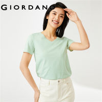 Giordano Women T-Shirts Comfy Ribbed V-Neck Simple Solid Color T-Shirts Side Vents Short Sleeves Cotton Summer T-Shirts 05321409 hnv