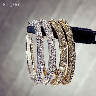 【YP】 BLIJERY Gold/Silver Color Rhinestone Hoop Earrings 2 Layers Big Round Evening Jewelry