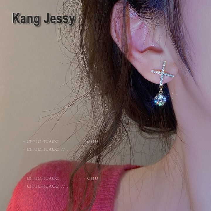 kang-jessy-ต่างหูตัวอักษรระดับไฮเอนด์หรูหราหรูหราสวยงามเครื่องประดับหูออกแบบไขว้เรียบหรูสำหรับผู้หญิง