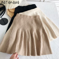 Matakawa Knitted Mini Skirt Korean Fashion Elastic Waist Pleated Elegant All-match Faldas Solid Slim Office Ladies Simple Jupes