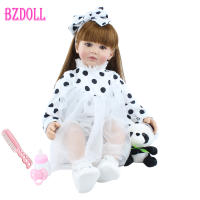 60cm Soft Silicone Reborn Toddler Doll Toys 24inch Lifelike Vinyl Long Hair Princess Babies Girl Dress Up Doll With Panda