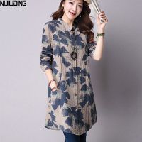 NIJIUDING Spring New Fashion Floral Print Cotton Linen Blouses Casual Long Sleeve Shirt Women Top With Pockets