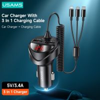 USAMS 3.4A LED Digital Display Car Charger With 3 in 1 Cable Dual USB Phone Charger For iPhone iPad Xiaomi Huawei Samsung Tablet