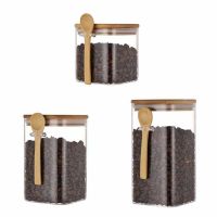 3 Pcs Square with Spoon, Kitchen Storage Bottles Jars Food Container Grains Tea Coffee Beans Grains Jar