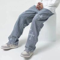 Streetwear Hip Hop Low Rise Baggy กางเกงยีนส์ผู้ชายเกาหลี Y2k แฟชั่นกางเกง Cross Denim กางเกงผู้หญิงกางเกง Cargo Punk Clothes