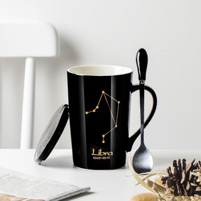 Livingmall 420Ml แก้วเซรามิค12 Constellations Creative ถ้วยมักกับช้อนฝาปิดเครื่องถ้วยชามสีดำ Zodiac แก้วกาแฟนม Drinkware