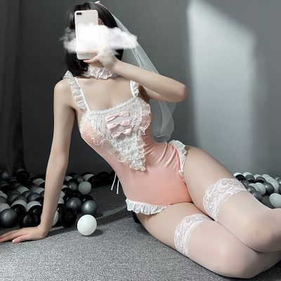 Women Sexy Lingerie Kawaii Maid Uniform Erotic Bride Cosplay Costumes 3Pcs Veil Collar Bodysuit Lace Porno Maid Lingerie Set