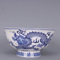 6 inch Qing Dynasty Qianlong Blue And White Double Dragon Pattern Bowl Antique Craft Porcelain Home Chinese Tableware Ornaments