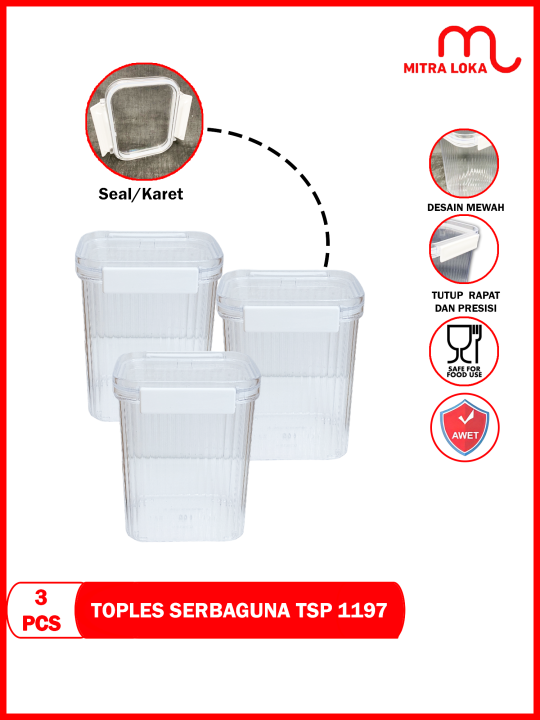 Mitra Loka 3 Pcs Toples Segi Akrilik 1400ml Toples Kedap Udara Dengan Seal Golden Sunkist 5951