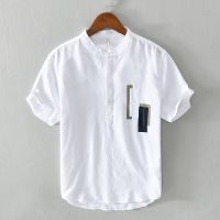 New Brand Linen T Shirt Men Summer Solid Short Sleeve stand Neck Tops&amp; Tee Breathable Linen Cotton Soft shirt Size M-XXXL