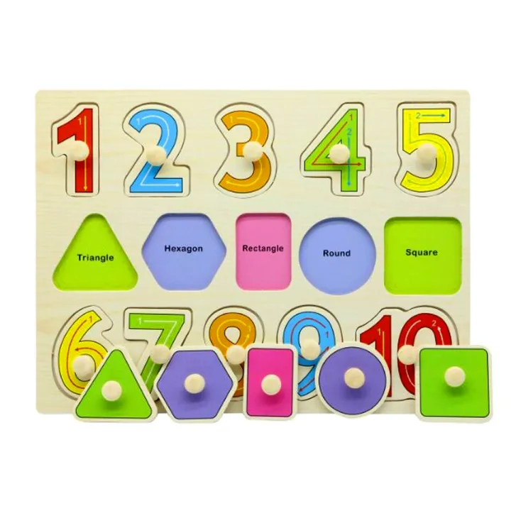 Wooden Inset Peg Numbers Shapes Puzzle Board Early Educational Toy for
