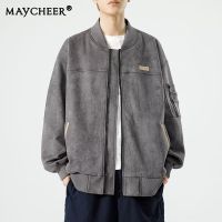 MAYCHEER แจ็คเก็ตหนังกลับมีฮู้ดคอกลมผู้ชายวินเทจ Jaket Baseball ทึบ