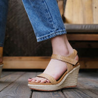 TOP☆Womens Wedge Sandals 2021 New Hidden Height Straw Woven Platform Waterproof Platform All-Match High Heel Authentic Leather Sexy Fairy Style