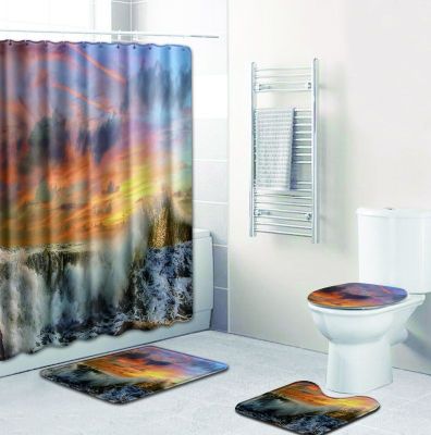 Zeegle Sea Bath Mats Set with Curtain Printed Bathroom Mats Toilet Cover Protector Pads Shower Curtain Bath Rugs Home Door Mats