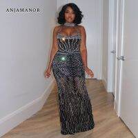 ANJAMANOR Crystal Embellished Mesh Sheer Black Evening Dresses Birthday Party Gowns for Ladies Elegant Sexy Maxi Dress D35-HF64