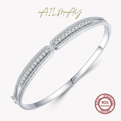 Ailmay Solid 925 Sterling Silver Bracelets For Women Round Classic Ten Hearts Clear Zircon Bracelets Fine Female Fashion Jewelry