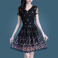 M-4XL Lady Temperament Soft Small Color Pattern Flowers Embroidery Women Fashion Gauze Elegant Party Cocktail Dresses 0950