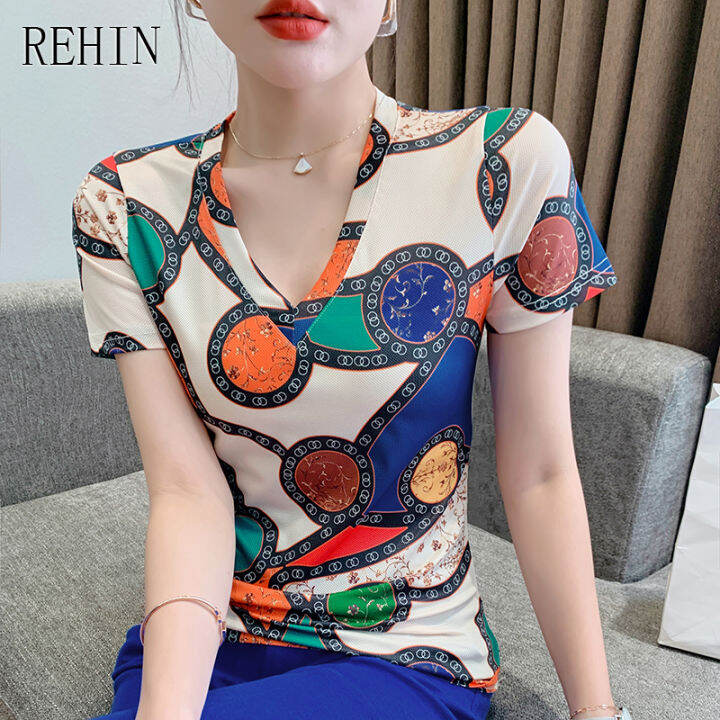 rehin-เสื้อยืดผู้หญิงคอวีแขนสั้นคอตตอน-เสื้อคอวีพิมพ์ลายไม่เหมือนใครแฟชั่นใหม่ฤดูร้อน