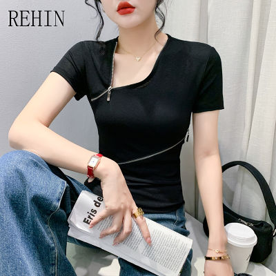 REHIN เสื้อยืดแขนสั้นผู้หญิงแต่งซิปคอตาข่ายแนวทแยง,เสื้อยืดแฟชั่นสไตล์เกาหลีแบบใหม่ฤดูร้อน