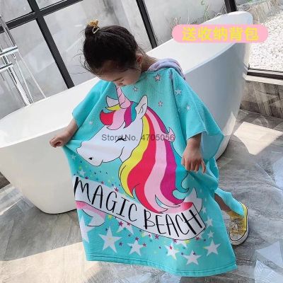 ☏♘ 2 Sizes Plus Poncho Kids Unicorn Baby Bathrobes Hooded Children Bathrobes Microfiber Bath Robes Animal Toddler Beach Swim Towels