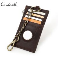 CONTACTS Genuine Leather Men Card Holder Wallet Keychain RFID Mini Anti-lost Air Tag Cover Coin Pocket Potable Slim Card Case Card Holders