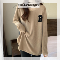 HUAYANG01เสื้อยืดแบบหลวมลำลองแขนยาวลายเสื้อผู้หญิงคอกลมเสื้อยืดลายปักตัวอักษรแฟชั่นสุดฮิต2023