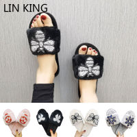 LIN KING Luxury Designer Women House Fluffy Slippers Soft Plush Indoor Cotton Shoes Home Floor Furry Slides New Woman Flip Flops