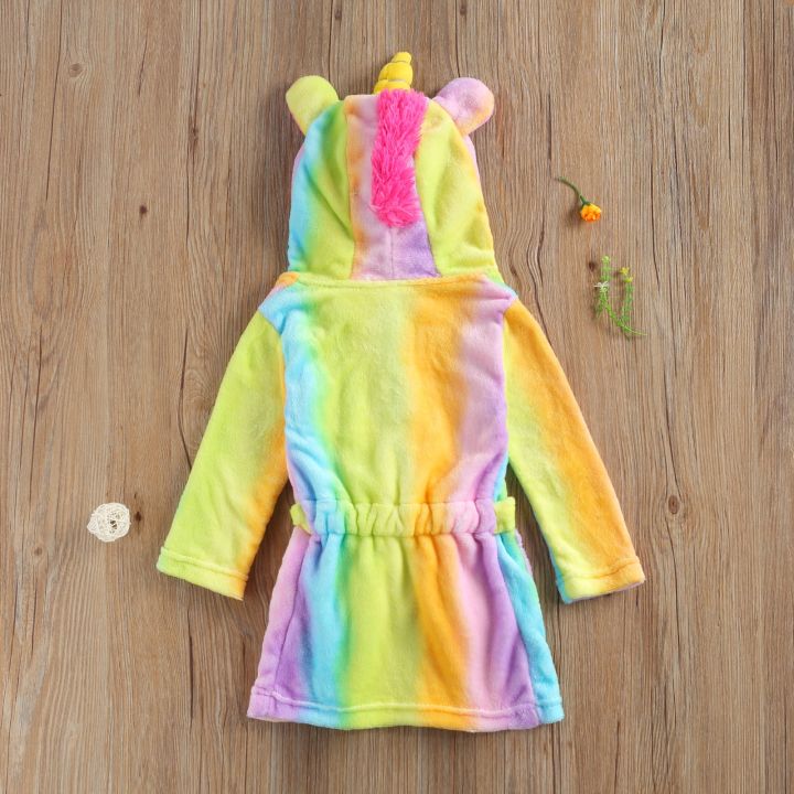 xiaoli-clothing-focusnorm-3-8y-เด็กสาวเด็กเสื้อคลุมแขนยาวสักหลาดเสื้อคลุมอาบน้ำสายรุ้งการ์ตูนคลุมด้วยผ้าบ้านชุดนอน