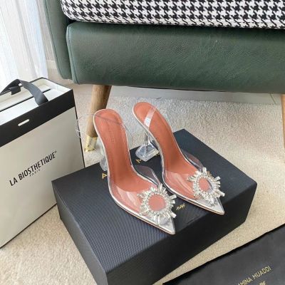 am home 2023 Amina Muaddiˉsummer pointed toe transparent high-heeled rhinestone womens shoes fairy wind high-end womens shoes sandals wine glass heel