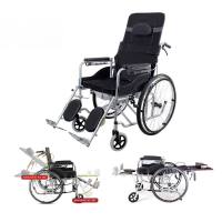 wheelchair รถเข็นผู้ป่วย วีลแชร์ พับได้ น้ำหนักเบา กะทัดรัด ล้อ 24 นิ้ว มีเบรค หน้า,หลัง 4 จุด รถเข็นผู้ป่วย เก้าอี้รถเข็นปรับนอนได้ Wheelchair เบาะรังผึ้งสีน้ำเงิน เหมาะสำหรับผู้สูงอายุ ผู้ป่วย คนพิการ พับเก็บได้ ปรับได้ 6 ระดับ แข็