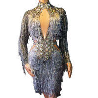 ประกาย Rhinestone คริสตัลสีเทา Fringes ผู้หญิง Bodycon ชุดราตรี Bling ชุดไนท์คลับปาร์ตี้แสดงประสิทธิภาพเวทีสวม