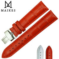 MAIKES พับหัวเข็มขัดนาฬิกา14มม. 16มม. 18มม. 20มม. 22มม. สีแดงหนังลูกวัวแท้สายนาฬิกาสำหรับผู้หญิงนาฬิกาควอตซ์