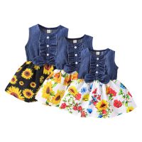 Baby Girls Summer Sleeveless Dress Bow Sunflower Print Denim Stitching A-line Princess Dress Girls Casual Dresses  by Hs2023