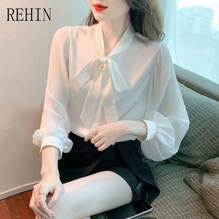 rehin-เสื้อสตรีแขนยาวผ้าชีฟองแฟชั่นใหม่ฤดูใบไม้ผลิโบว์สีขาว