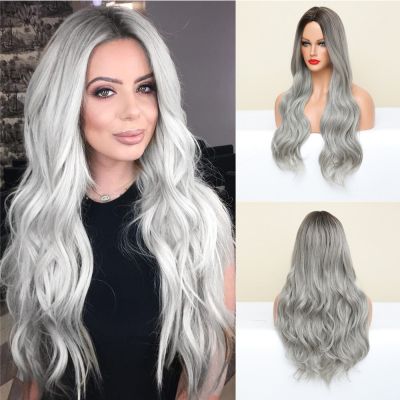 Long Wavy Silver Gray Ash Wigs With Highlights Middle Part Synthetic Hair Wigs For Women Cosplay Party Heat Resistant