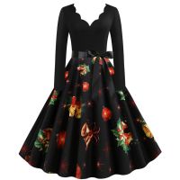 Womens Christmas Long Sleeve Burning Flowers V-Neck Fashion Printed Casual Dress